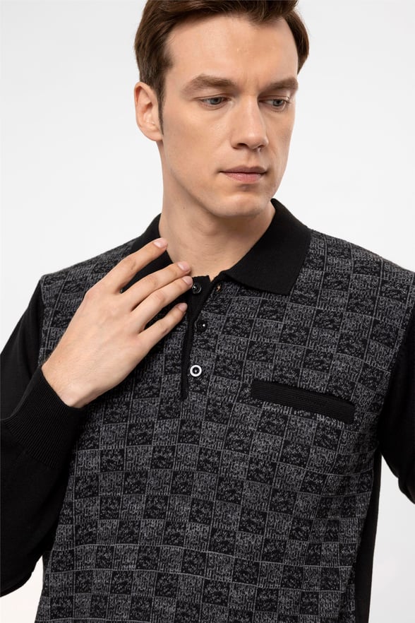 Siyah Regular Armürlü Polo Yaka  Triko