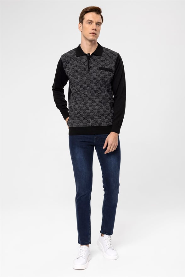 Siyah Regular Armürlü Polo Yaka  Triko