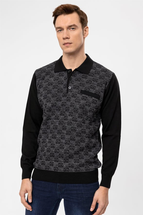 Siyah Regular Armürlü Polo Yaka  Triko