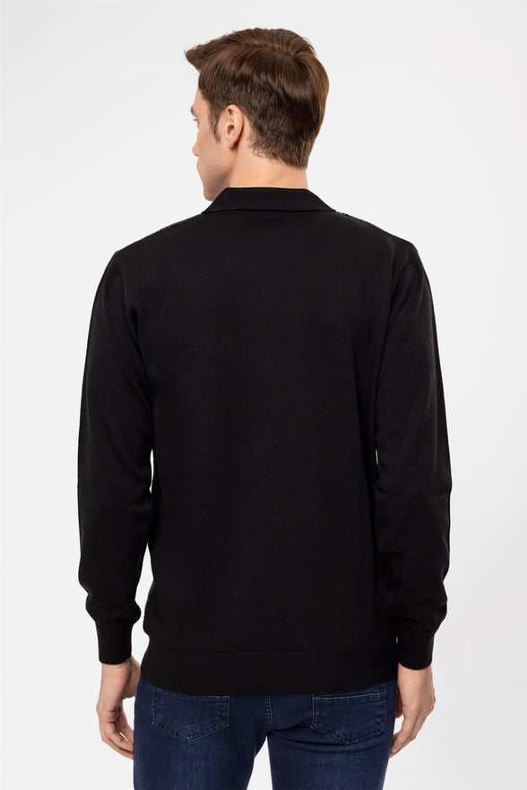 Siyah Regular Armürlü Polo Yaka  Triko
