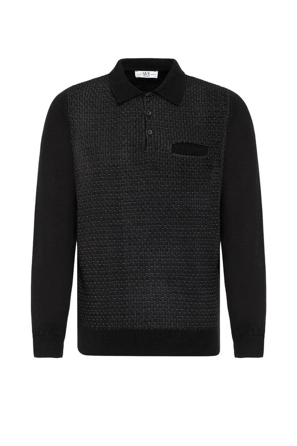 Siyah Regular Desenli Polo Yaka Triko