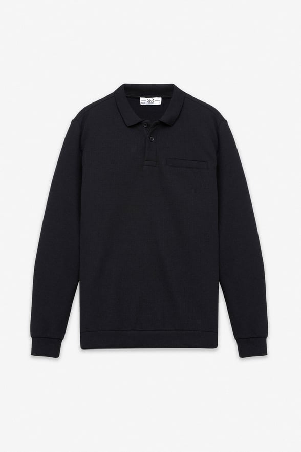 Siyah Regular Düz Polo Yaka Sweatshirt