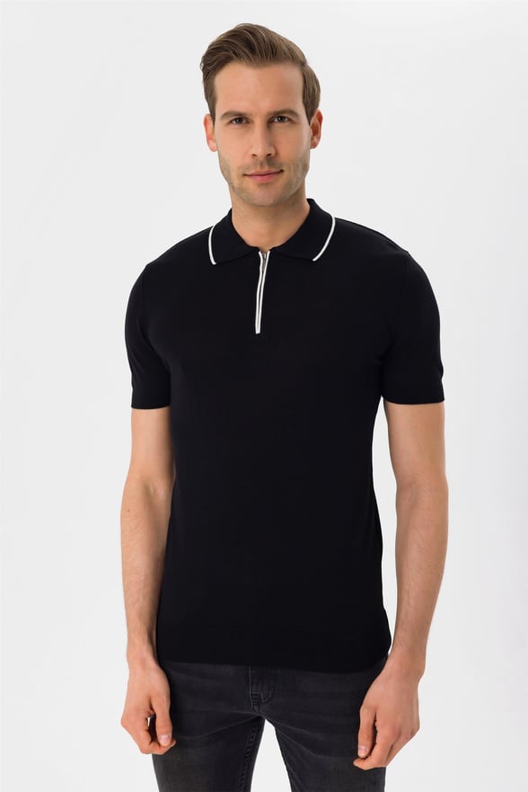 Siyah Regular Düz Polo Yaka  Triko