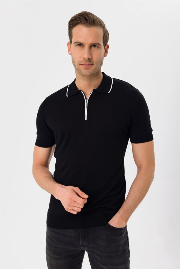 Siyah Regular Düz Polo Yaka  Triko