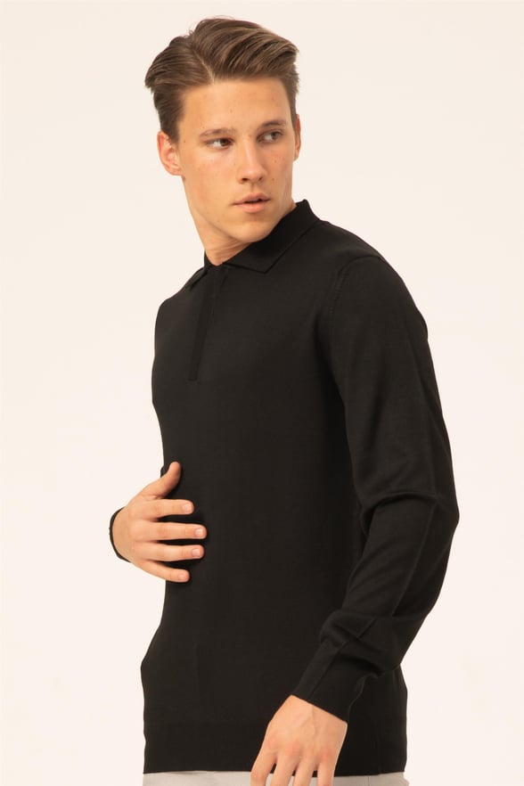 Siyah Regular Düz Polo Yaka  Triko