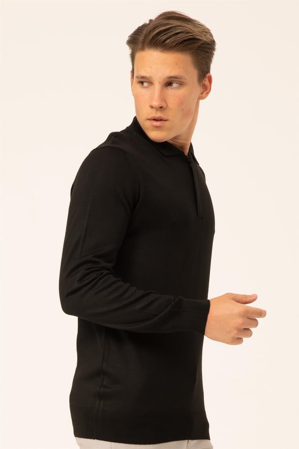 Siyah Regular Düz Polo Yaka  Triko