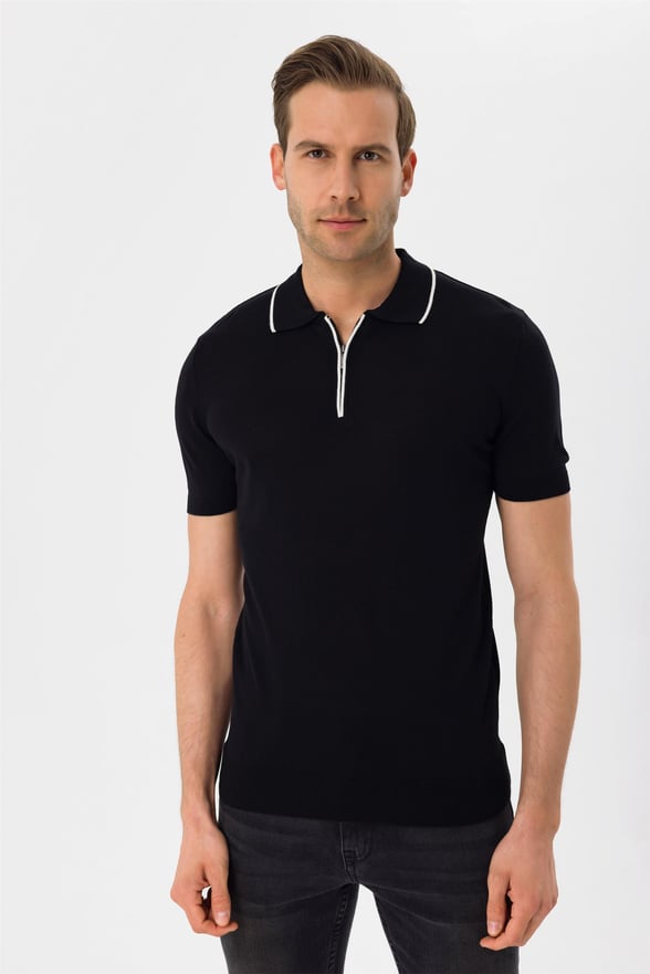 Siyah Regular Düz Polo Yaka  Triko
