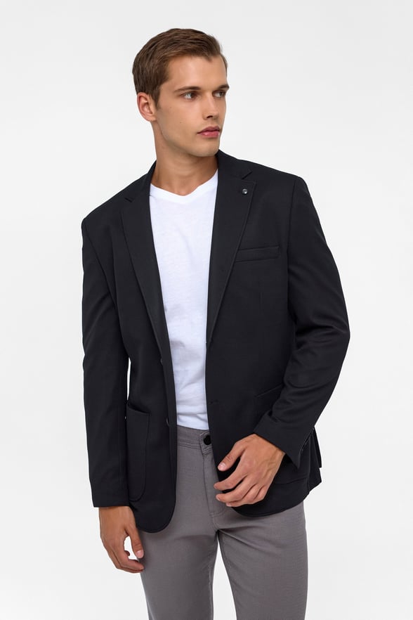 Siyah Regular Mono Yaka Torba Cep 6 Drop Klasik Ceket
