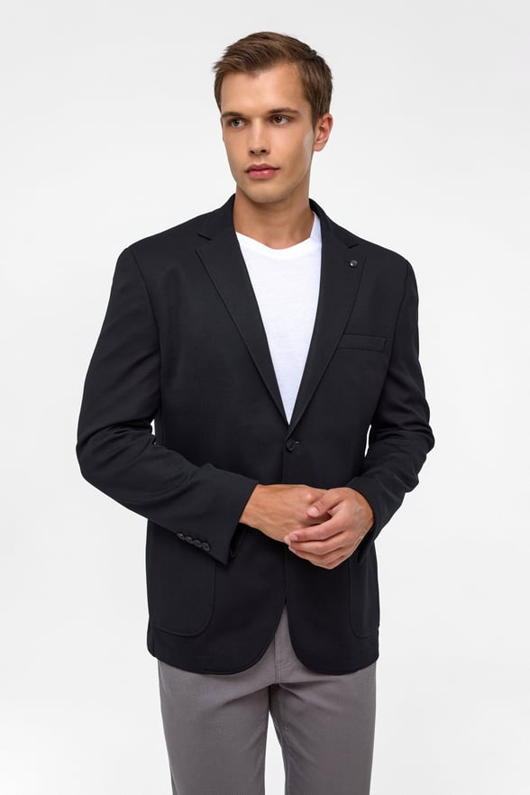 Siyah Regular Mono Yaka Torba Cep 6 Drop Klasik Ceket
