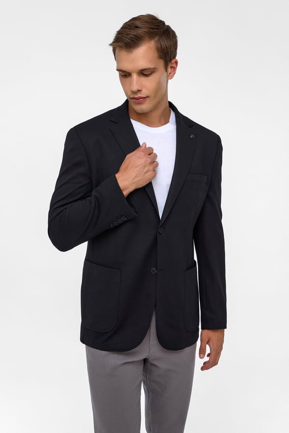 Siyah Regular Mono Yaka Torba Cep 6 Drop Klasik Ceket