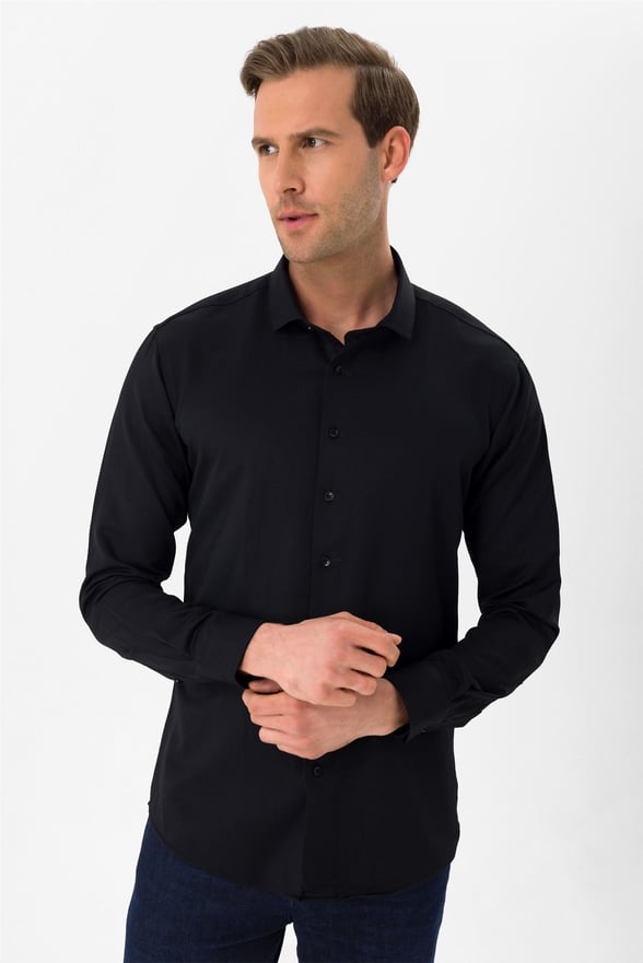 Siyah Slim Armürlü Klasik Yaka  Gömlek