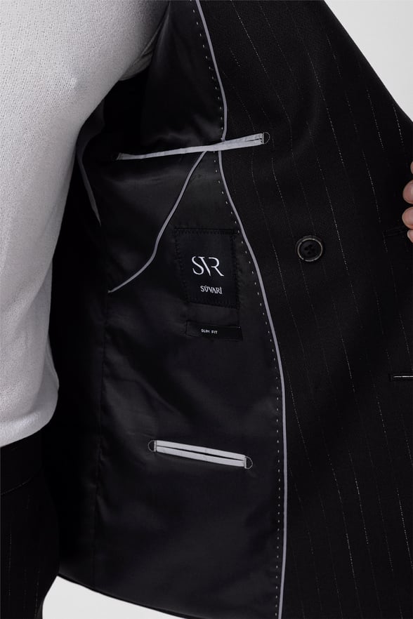 Siyah Slim Armürlü Sivri Yaka 6 Drop                                                       Takım Elbise