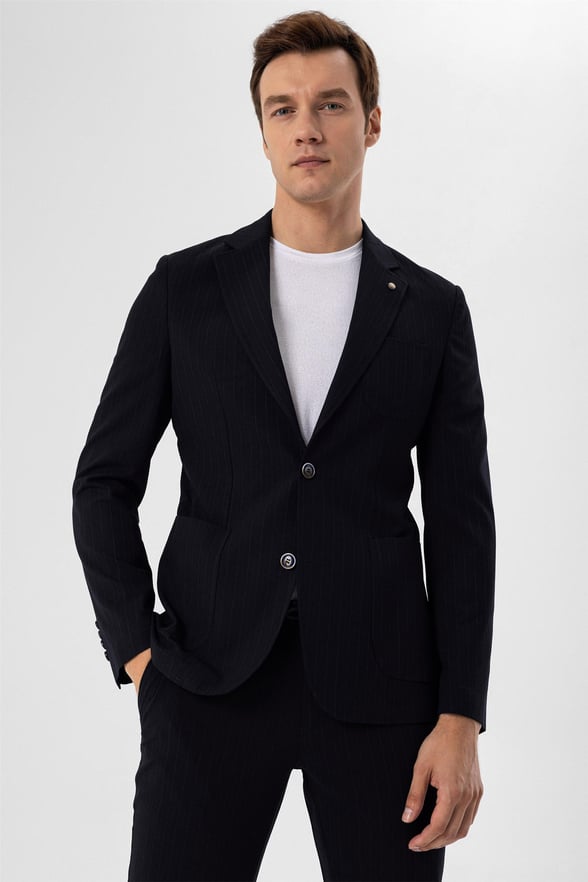 Siyah Slim Armürlü Sivri Yaka 6 Drop                                                       Takım Elbise