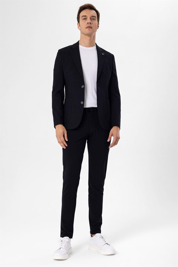 Siyah Slim Armürlü Sivri Yaka 6 Drop                                                       Takım Elbise