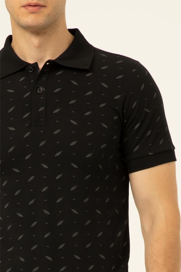 Siyah Slim Baskılı Polo Yaka  Tişört
