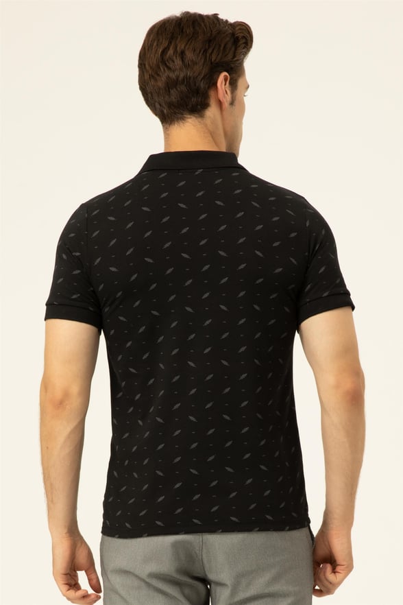 Siyah Slim Baskılı Polo Yaka  Tişört