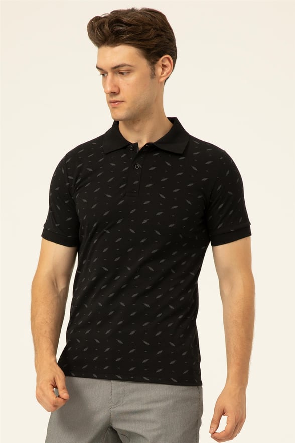 Siyah Slim Baskılı Polo Yaka  Tişört