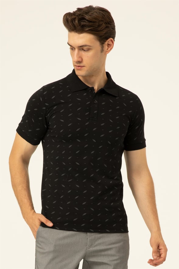 Siyah Slim Baskılı Polo Yaka  Tişört
