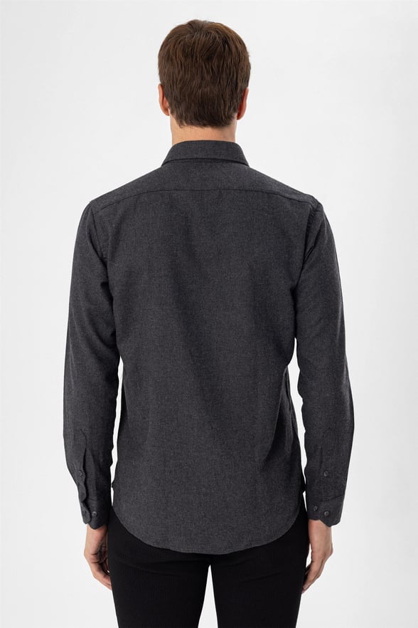 Siyah Slim Düz Düğmeli Yaka  Gömlek