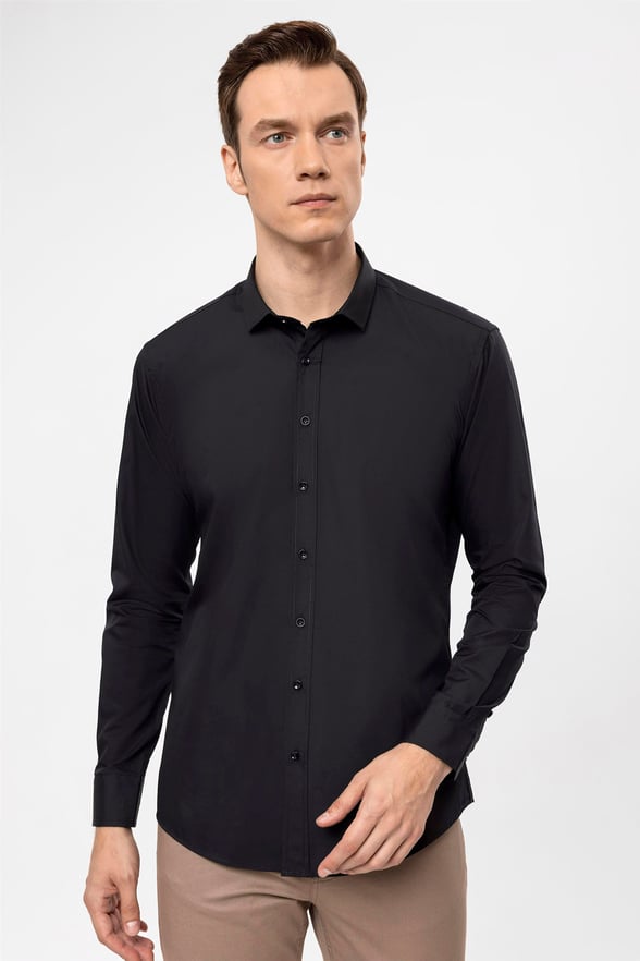 Siyah Slim Düz Klasik Yaka  Gömlek