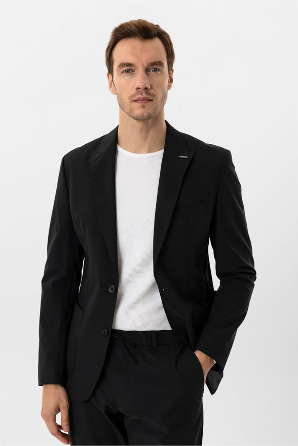 Siyah Slim Düz Sivri Yaka 6 Drop Jogger Pantolon