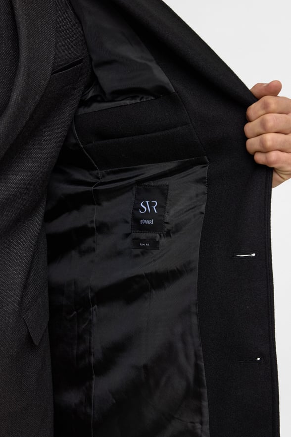 Siyah Slim Düz Sivri Yaka Kaban