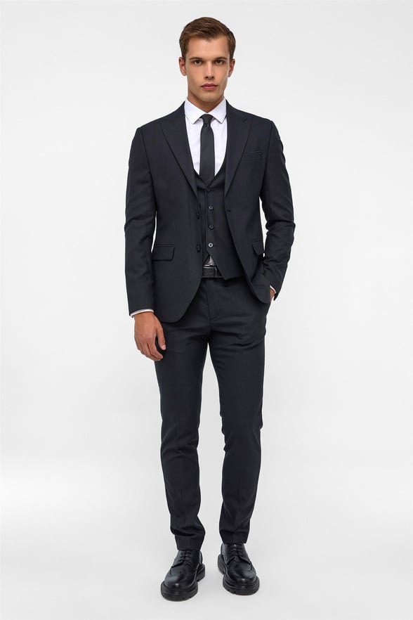 Siyah Slim Fit Desenli Mono Yaka 6 Drop Yelekli Klasik Takım Elbise