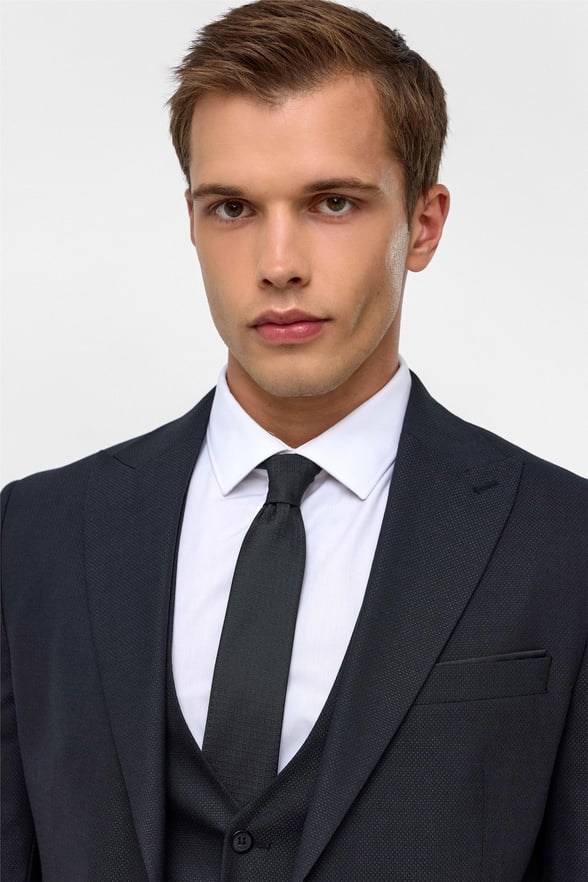 Siyah Slim Fit Desenli Mono Yaka 6 Drop Yelekli Klasik Takım Elbise