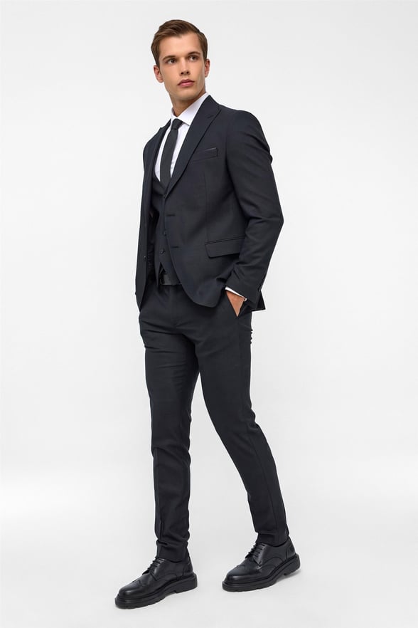 Siyah Slim Fit Desenli Mono Yaka 6 Drop Yelekli Klasik Takım Elbise