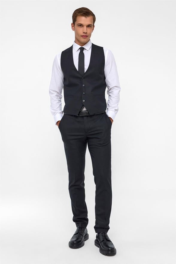Siyah Slim Fit Desenli Mono Yaka 6 Drop Yelekli Klasik Takım Elbise
