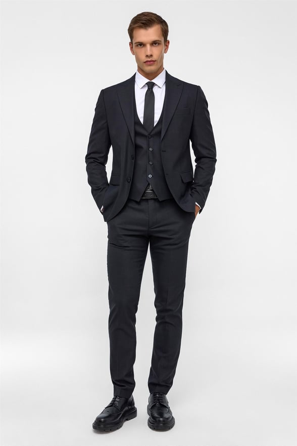 Siyah Slim Fit Desenli Mono Yaka 6 Drop Yelekli Klasik Takım Elbise