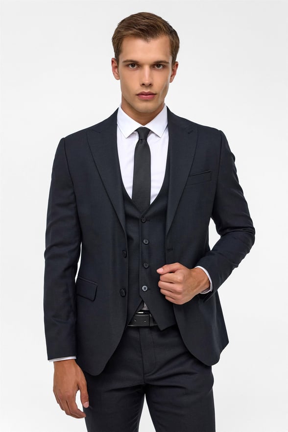 Siyah Slim Fit Desenli Mono Yaka 6 Drop Yelekli Klasik Takım Elbise