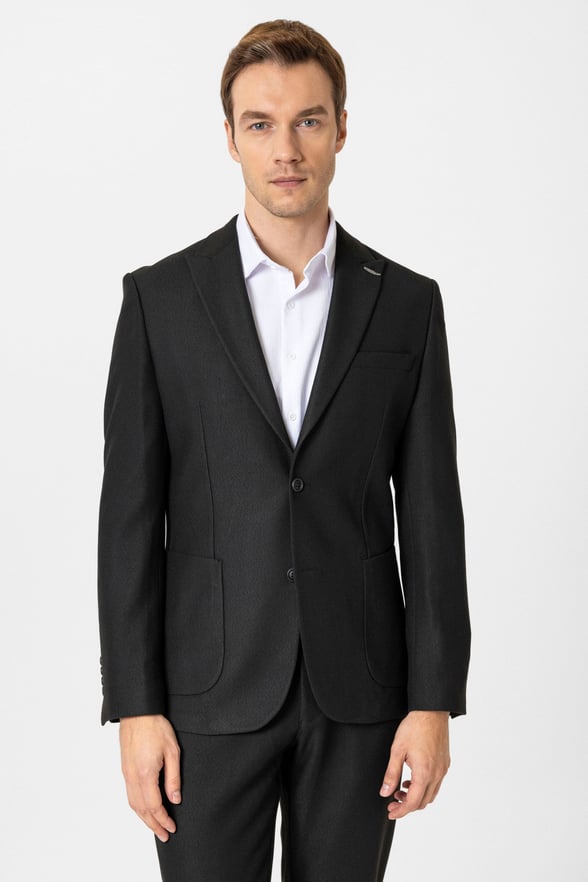 Siyah Slim Fit Desenli Sivri Yaka 6 Drop Spor Takım Elbise