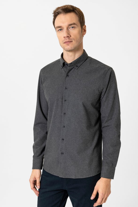 Siyah Slim Fit Düz Düğmeli Yaka Gömlek
