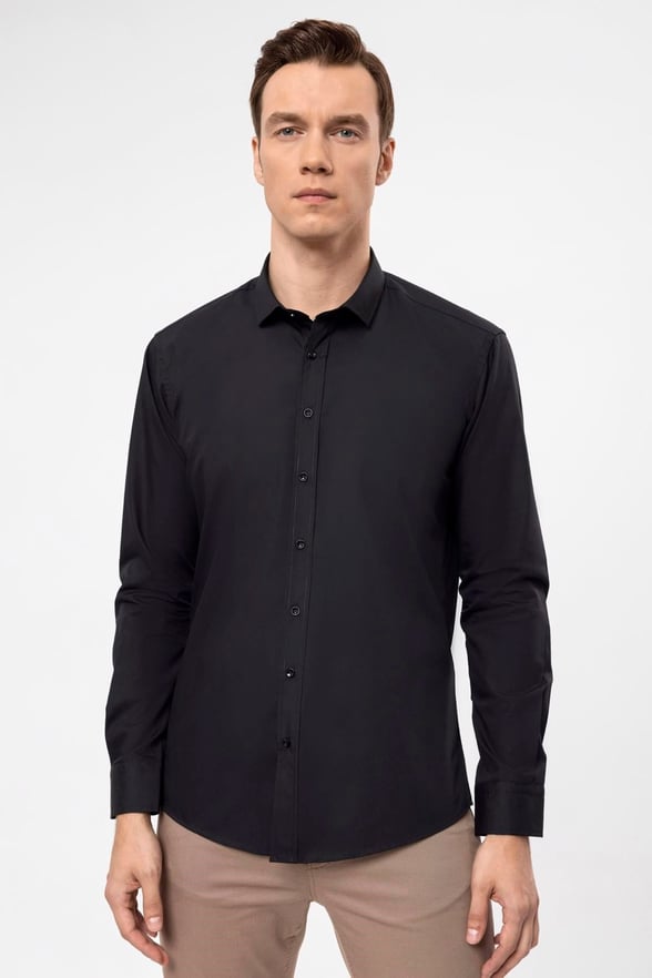 Siyah Slim Fit Düz Klasik Yaka Gömlek
