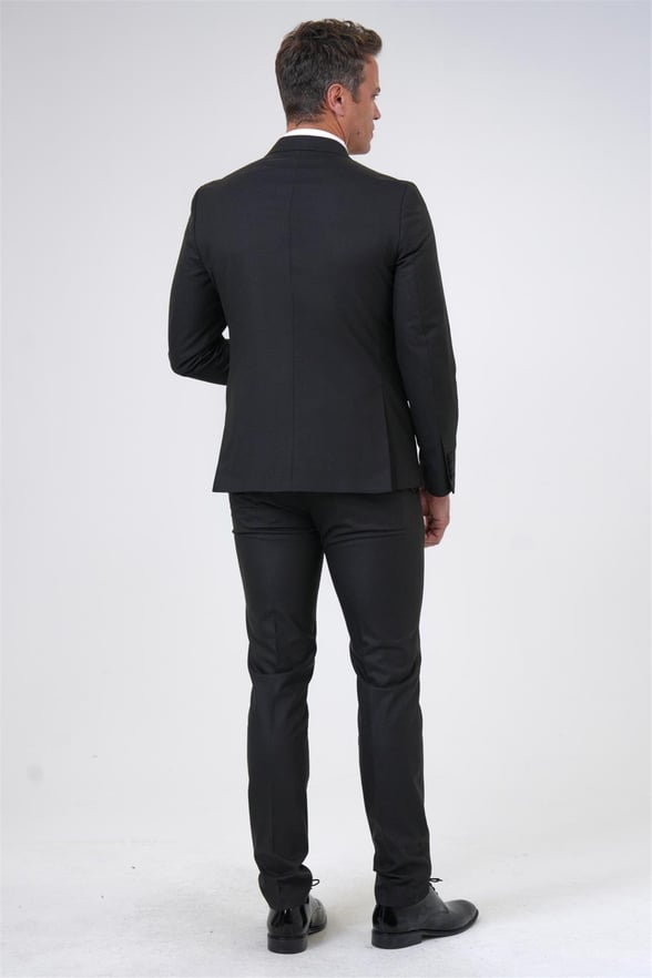 Siyah Slim Fit Düz Kruvaze Yaka 6 Drop Smokin & Damatlık