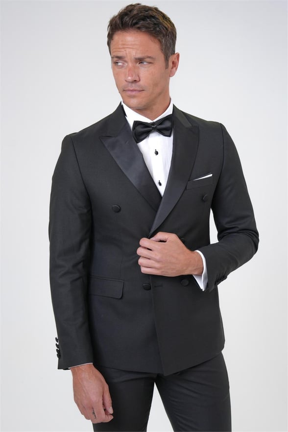Siyah Slim Fit Düz Kruvaze Yaka 6 Drop Smokin & Damatlık
