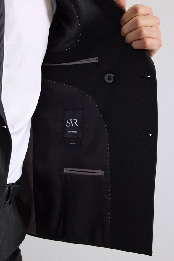 Siyah Slim Kruvaze Yaka 6 Drop Takım Elbise