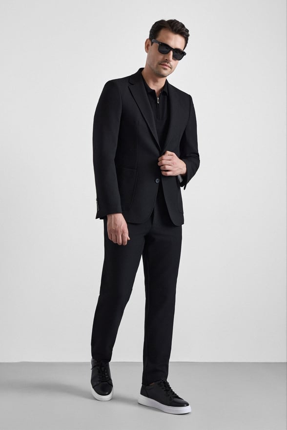 Siyah Slim Mono Yaka Düz Torba Cep 6 Drop Takım Elbise