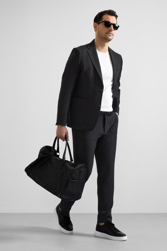 Siyah Slim Mono Yaka Düz Torba Cep 6 Drop Spor Takım Elbise