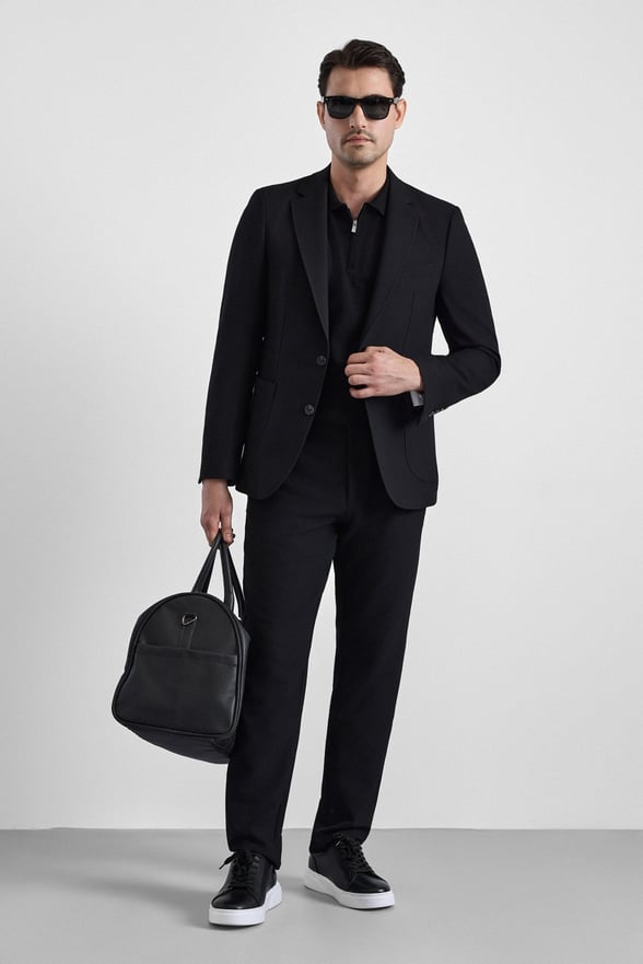Siyah Slim Mono Yaka Düz Torba Cep 6 Drop Takım Elbise
