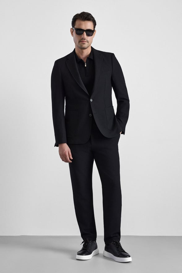 Siyah Slim Mono Yaka Düz Torba Cep 6 Drop Takım Elbise