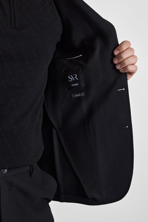 Siyah Slim Mono Yaka Düz Torba Cep 6 Drop Takım Elbise