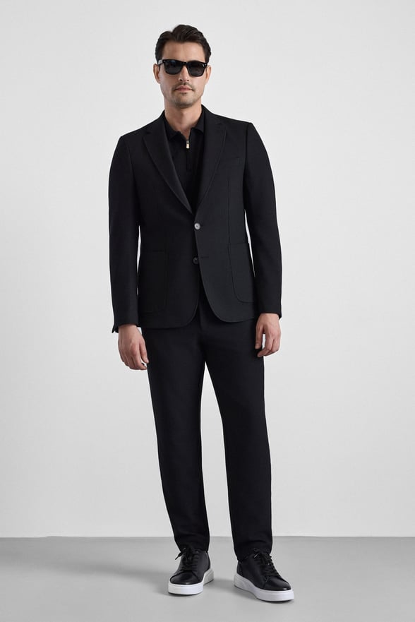 Siyah Slim Mono Yaka Düz Torba Cep 6 Drop Takım Elbise