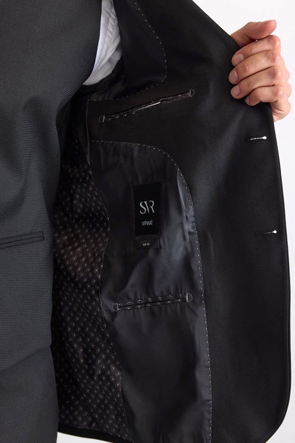Siyah Slim Sivri Yaka Düz Pike Torba Cep Yıkamalı 6 Drop Klasik Yelekli Takım Elbise