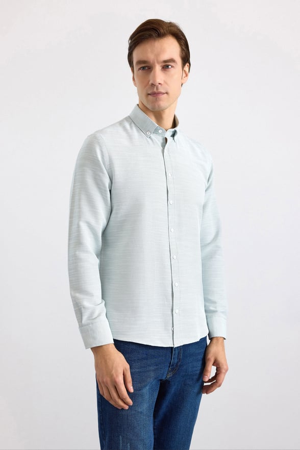 Su Yeşili Slim Klasik Yaka Düz Cepsiz Düğmeli Uzun Kollu Standart Casual Gömlek