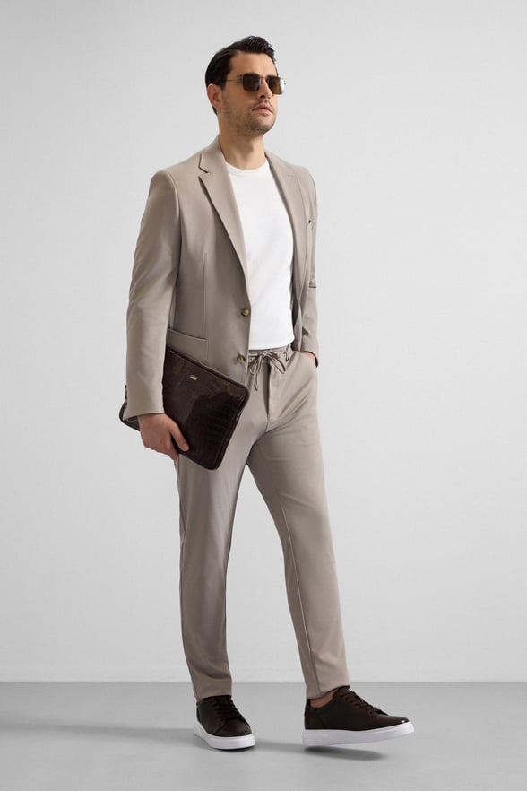 Sütlü Kahve Slim Mono Yaka Düz Torba Cep 6 Drop Spor Takım Elbise
