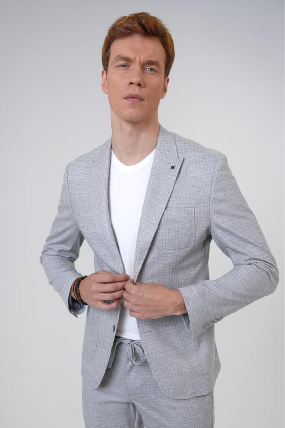 Taş Slim Fit Armürlü Sivri Yaka 6 Drop Klasik Takım Elbise