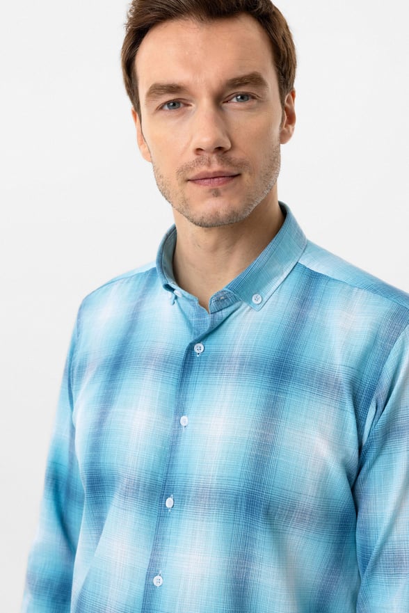 Turkuaz Slim Fit Desenli Düğmeli Yaka Gömlek