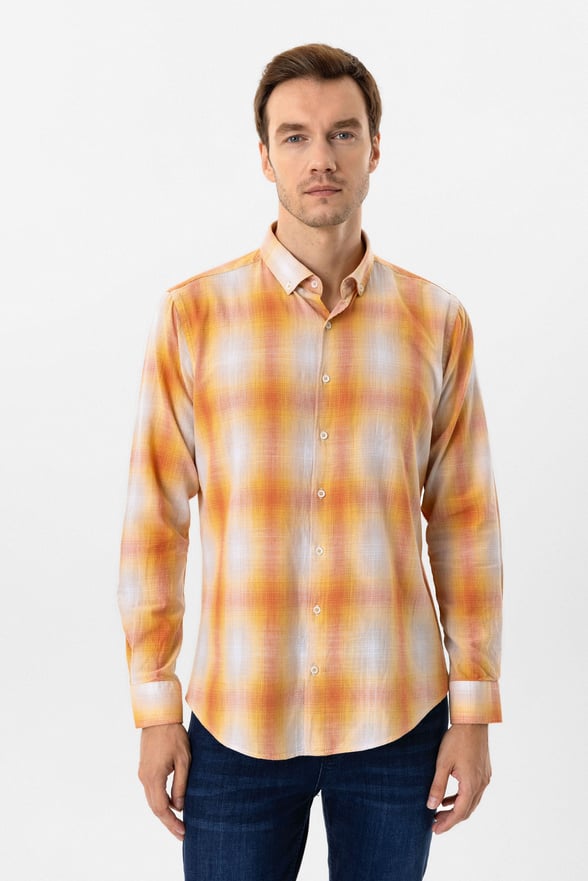 Turuncu Slim Fit Desenli Düğmeli Yaka Gömlek